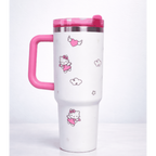 White travel mug with pink handle and Hello Kitty designs on a white background