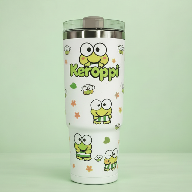 Keroppi Tumbler 40oz - Insulated Stainless Steel Cup with Handle & Straw