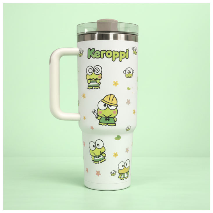 Keroppi Tumbler 40oz - Insulated Stainless Steel Cup with Handle & Straw