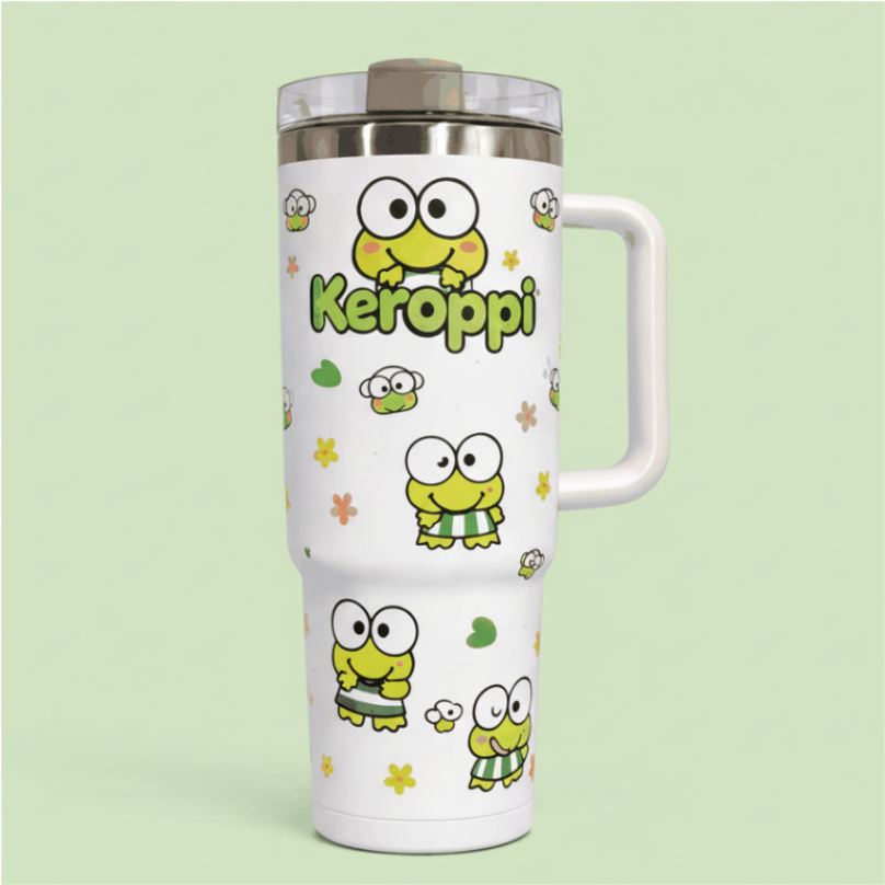 White travel mug with Keroppi cartoon character and floral design, stainless steel lid