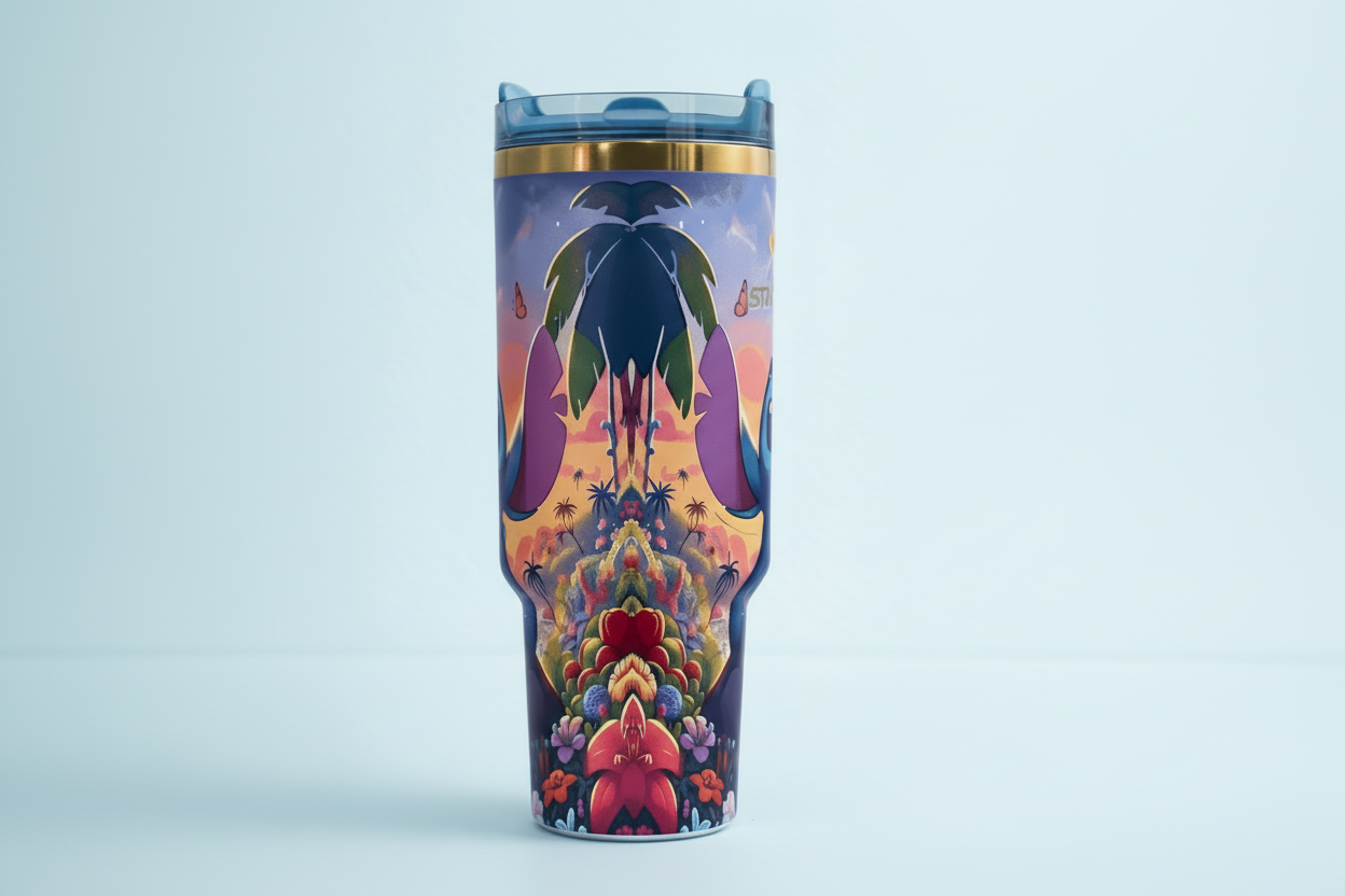 Colorful tumbler with abstract design on a white background