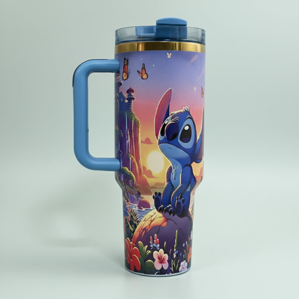 Blue travel mug with Stitch and sunset landscape design