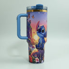 Blue travel mug with Stitch and sunset landscape design