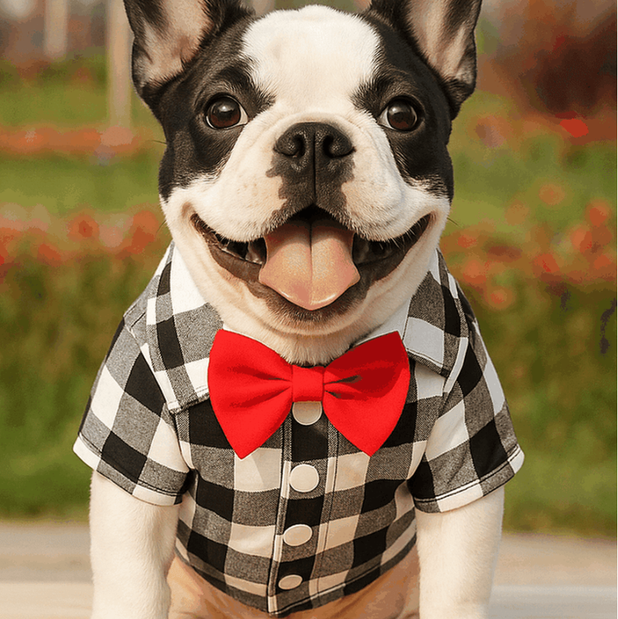 Black and white buffalo check dog shirt with red bow tie worn by small black and white dog outdoors