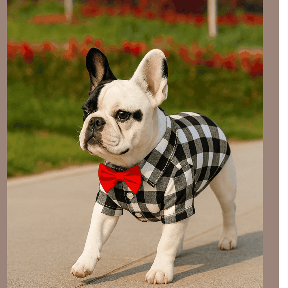 Buffalo check dog shirt showing complete formal outfit with red bow tie perfect for special occasions
