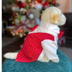 Side view of red dog tuxedo suit showing formal pinstripe design perfect for weddings