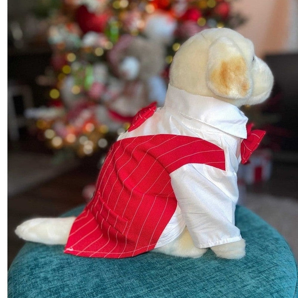 Side view of red dog tuxedo suit showing formal pinstripe design perfect for weddings