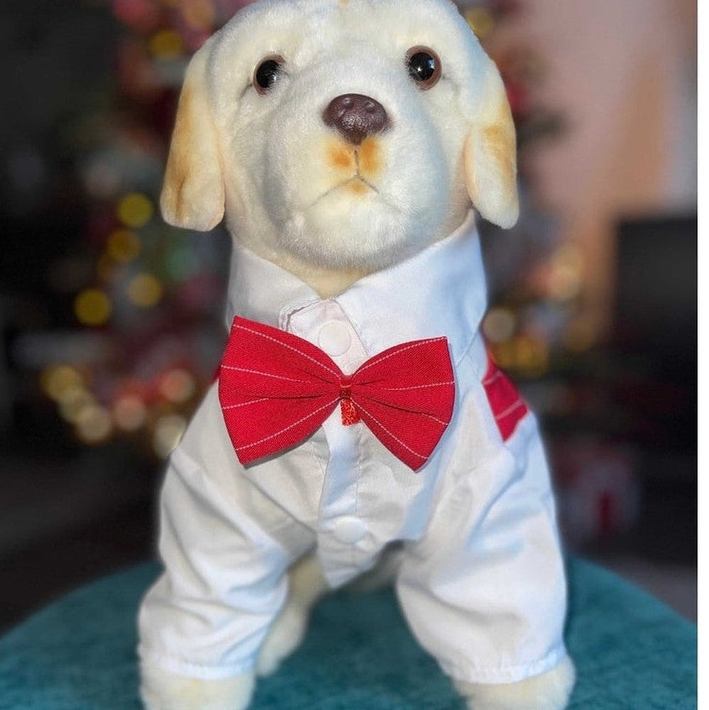 Stuffed dog toy wearing a white shirt and red bow tie with a blurred festive background.