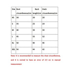 Measurement chart for clothing sizes with bust, back, and neck circumferences.