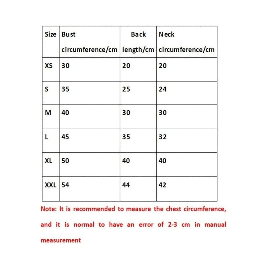 Measurement chart for clothing sizes with bust, back, and neck circumferences.