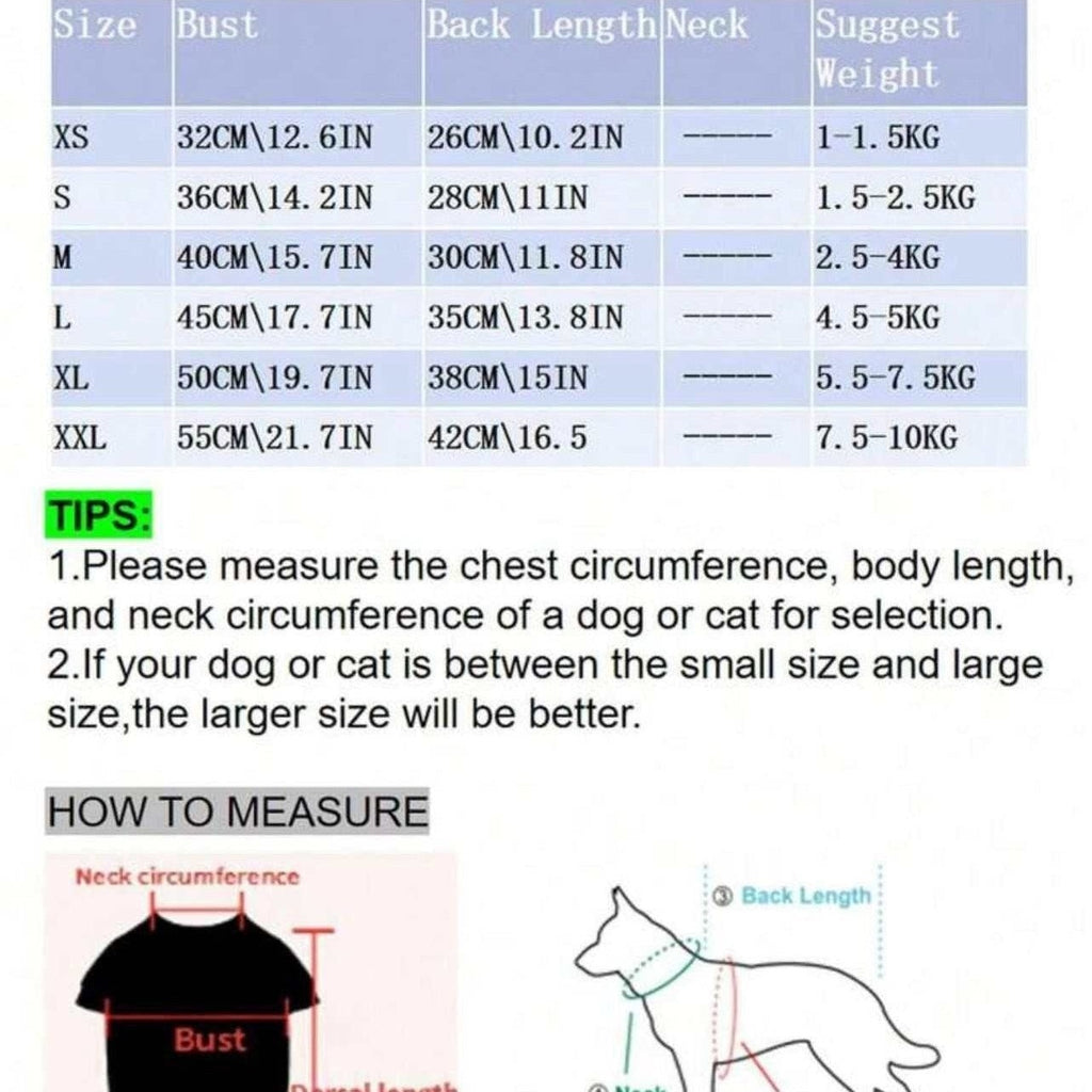 Size and fit chart for dog or cat clothing with measurements and suggestions.