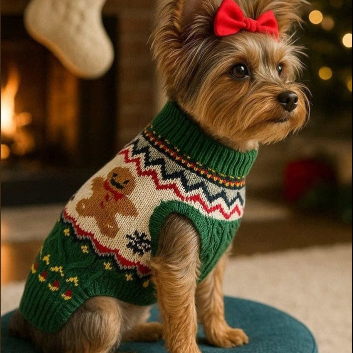 Small dog wearing green gingerbread dog sweater with holiday design and red bow in festive living room