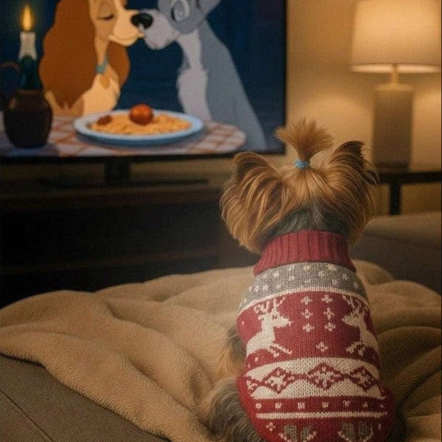small dog wearing red and grey reindeer knit dog sweater watching TV indoors
