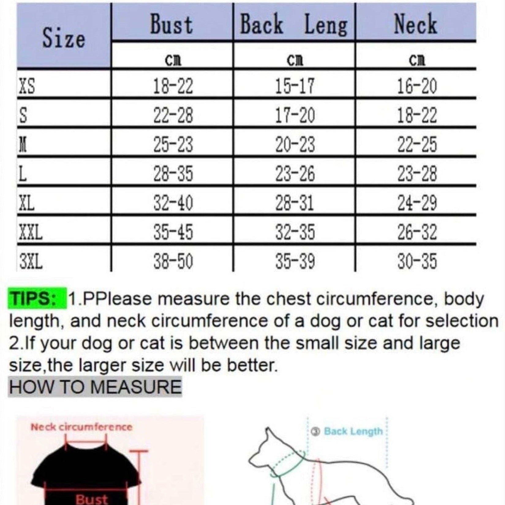 Size and fit chart for clothing with measurements in centimeters and inches, accompanied by tips on measuring a dog or cat.