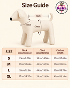 A size guide graphic for a dog-shaped mannequin or dress form, showing labeled measurements for neck, chest, and back, plus a size table from S to XL with neck circumference, chest circumference, and clothes length. The Keka Apparel logo appears in the top right.
