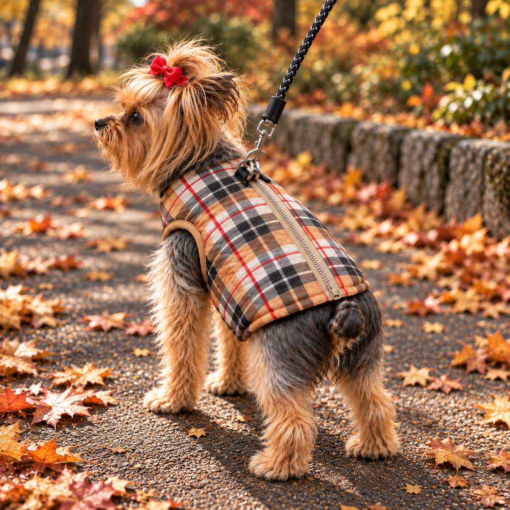A small Yorkshire Terrier dog wearing a beige and black plaid zippered dog vest with a red bow in its hair, standing on a leaf-covered path in a park.