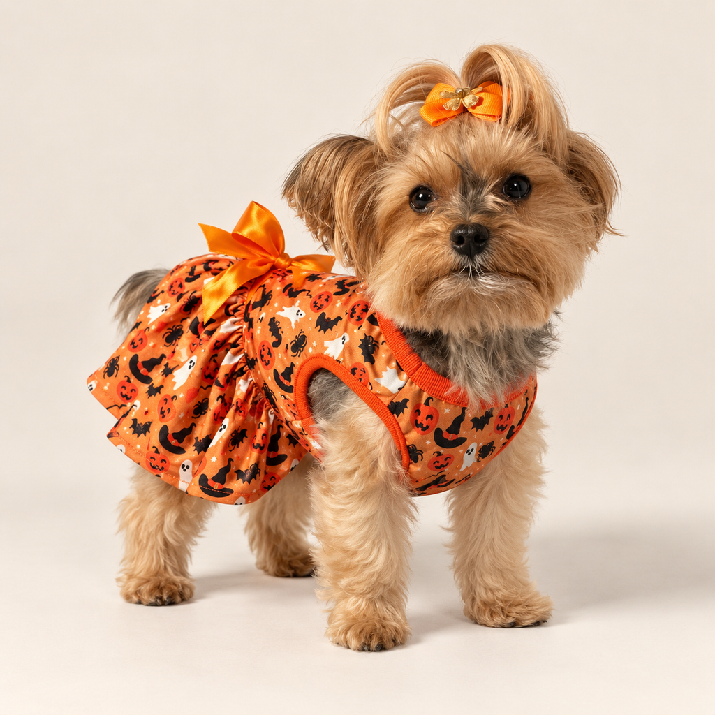 Yorkshire terrier wearing the FAB-BOO-LOUS orange Halloween dog dress with black and white pumpkin print, ruffled skirt, and matching orange bow, front view on a light beige studio background
