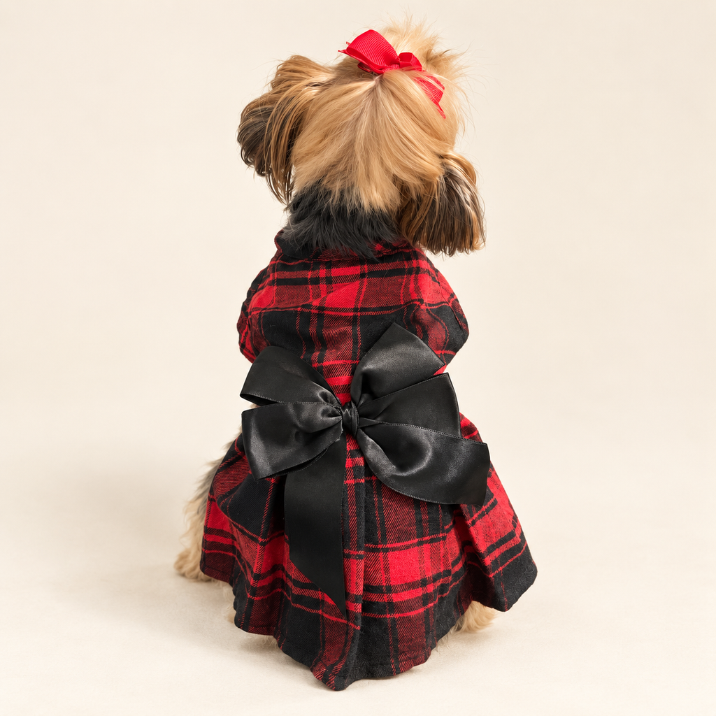 A small dog seen from behind wearing a red and black plaid dress with a large black bow on the back, set against a plain light beige studio background.