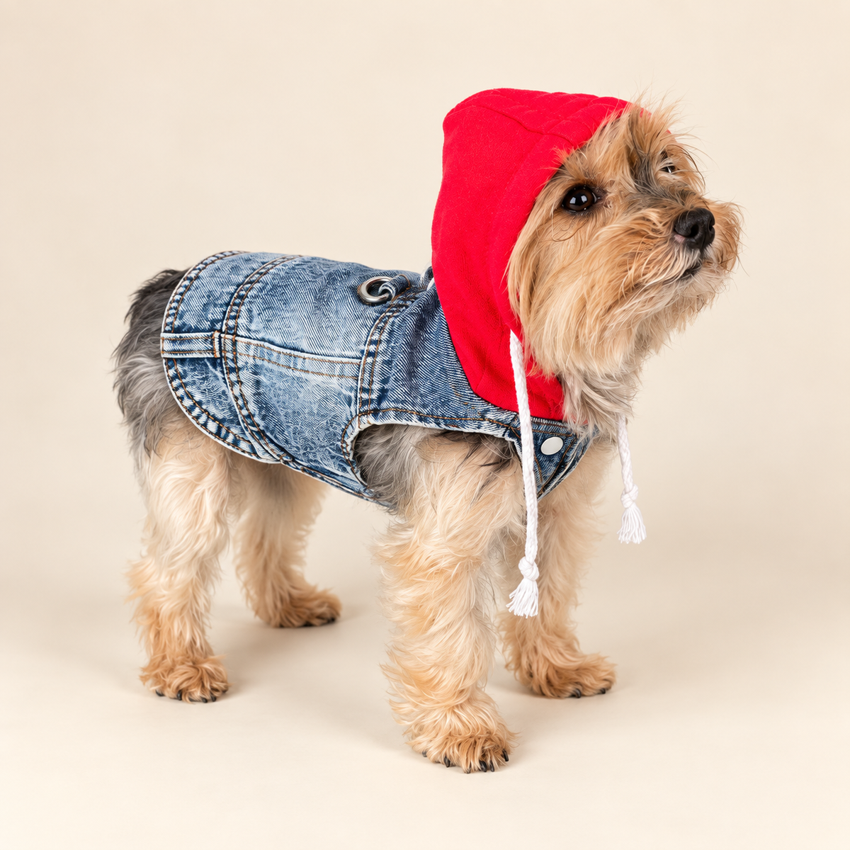 A small tan and gray dog wearing a red hooded pet jacket with a blue denim-style body, on a plain warm beige studio background.