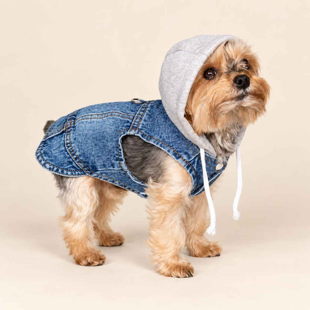 A small Yorkshire Terrier wearing a blue denim-style hooded jacket with white drawstrings, on a plain warm beige studio background.