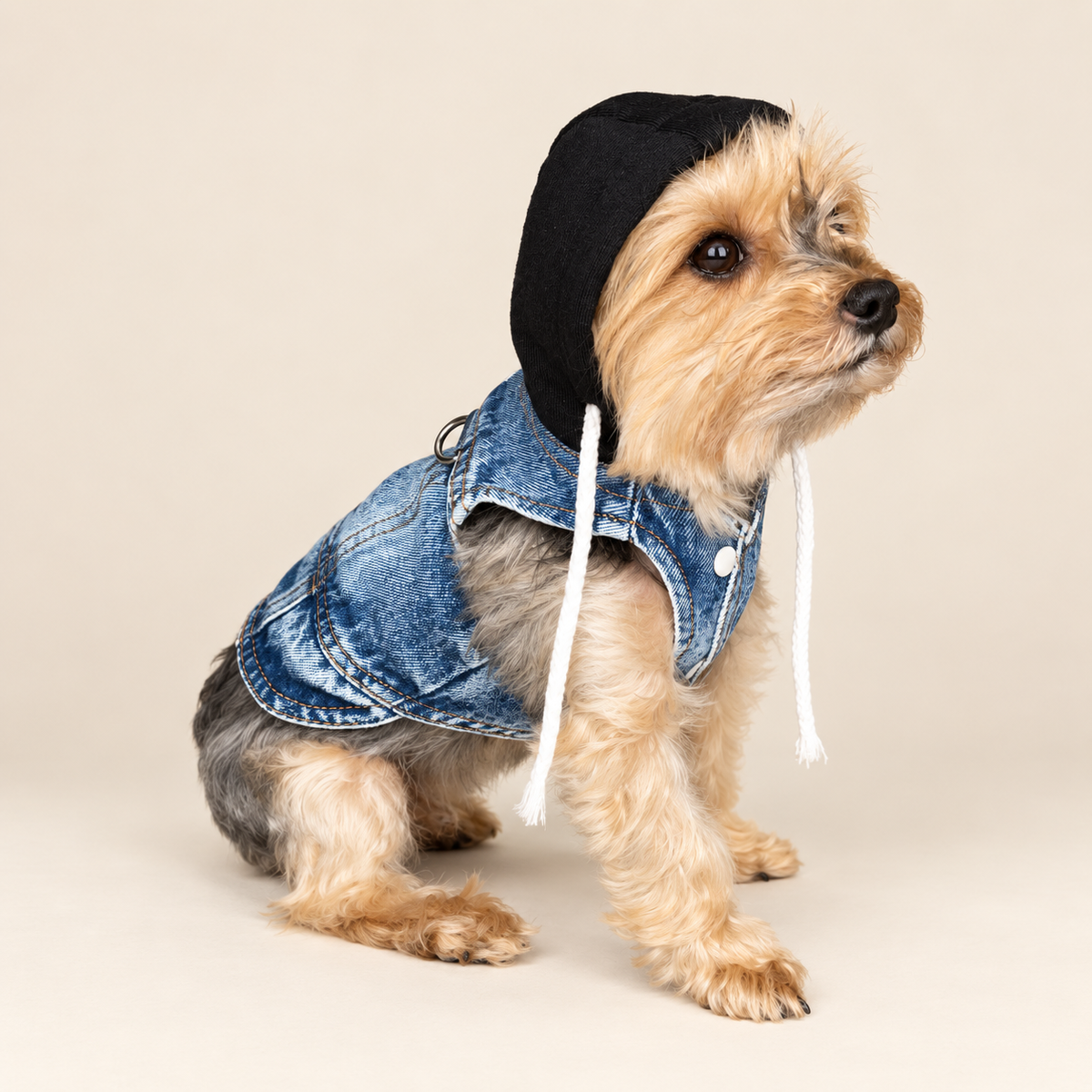 A small dog wearing a black hooded sweatshirt with white drawstrings and a blue denim vest, on a plain beige studio background.