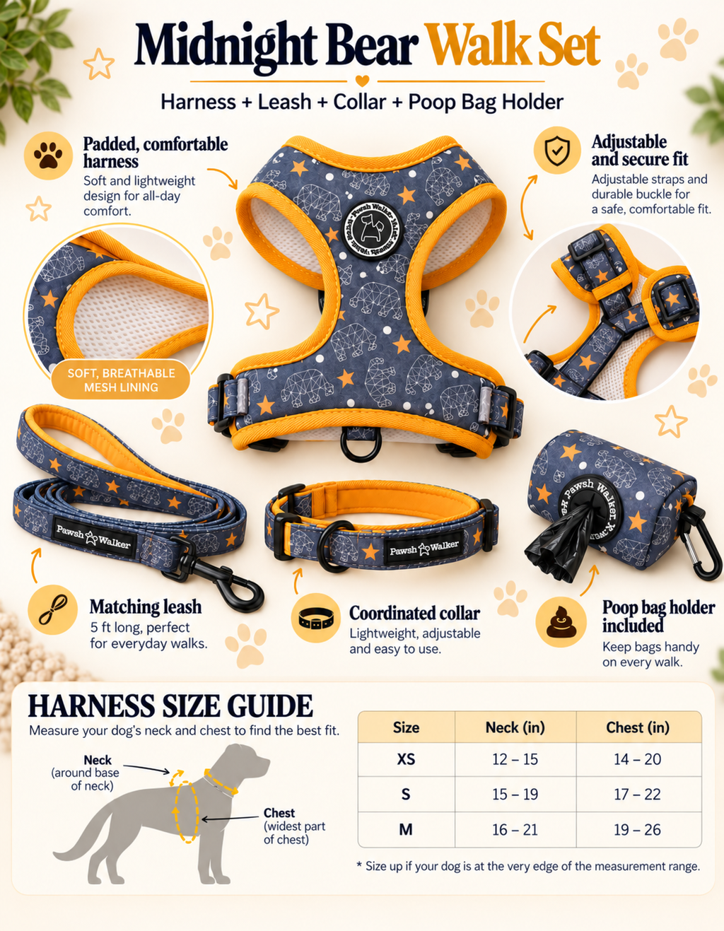 Midnight Bear Walk Set dog harness, leash, collar, and poop bag holder bundle on a white background with feature callouts and a harness size guide chart.