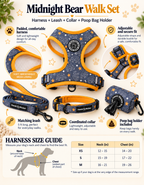 Midnight Bear Walk Set dog harness, leash, collar, and poop bag holder bundle on a white background with feature callouts and a harness size guide chart.