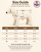 Size guide infographic for a navy snowflake dog sweater by Keka Pet Shop, showing a dog silhouette with neck, chest, and back measurement arrows, plus a size table from XS to XL with measurements.