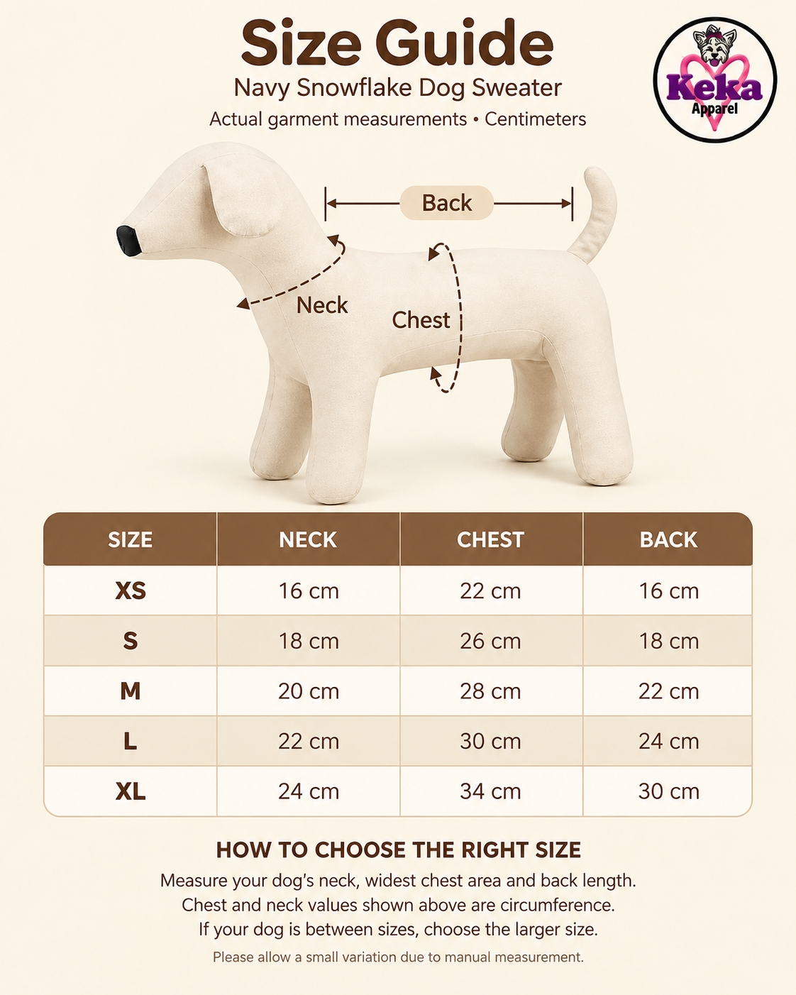 Size guide infographic for a navy snowflake dog sweater by Keka Pet Shop, showing a dog silhouette with neck, chest, and back measurement arrows, plus a size table from XS to XL with measurements.