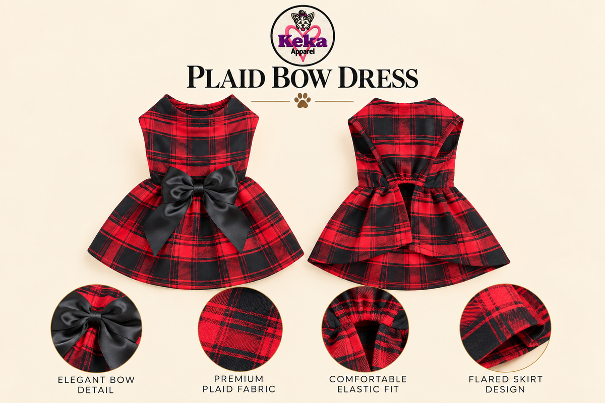 A product presentation of a red and black plaid pet dress by Koko Pups. The image shows two views of the dress (front and back) with a black bow, accompanied by four circular detail callouts at the bottom highlighting the bow, fabric, elastic fit, and skirt design.