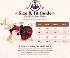 A size and fit guide for Keka Apparel dog garments, showing a small dog wearing a red plaid bow dress with measurement callouts for neck, chest, and back, plus a size chart listing measurements for S through XL.