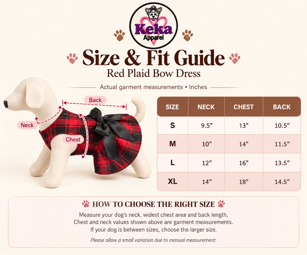 A size and fit guide for Keka Apparel dog garments, showing a small dog wearing a red plaid bow dress with measurement callouts for neck, chest, and back, plus a size chart listing measurements for S through XL.