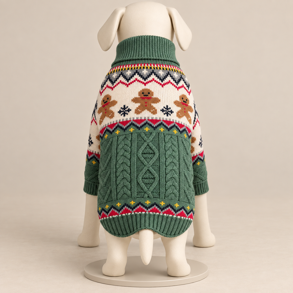 A dog sweater displayed on a cream-colored dog mannequin, viewed from the back. The sweater features a festive Christmas pattern with gingerbread men, snowflakes, and a green cable-knit lower section.