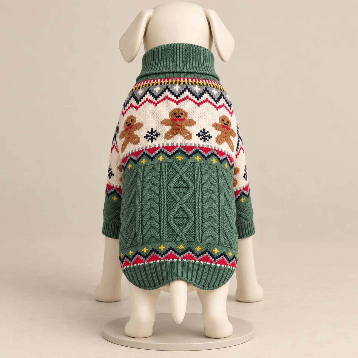 A dog sweater displayed on a cream-colored dog mannequin, viewed from the back. The sweater features a festive Christmas pattern with gingerbread men, snowflakes, and a green cable-knit lower section.