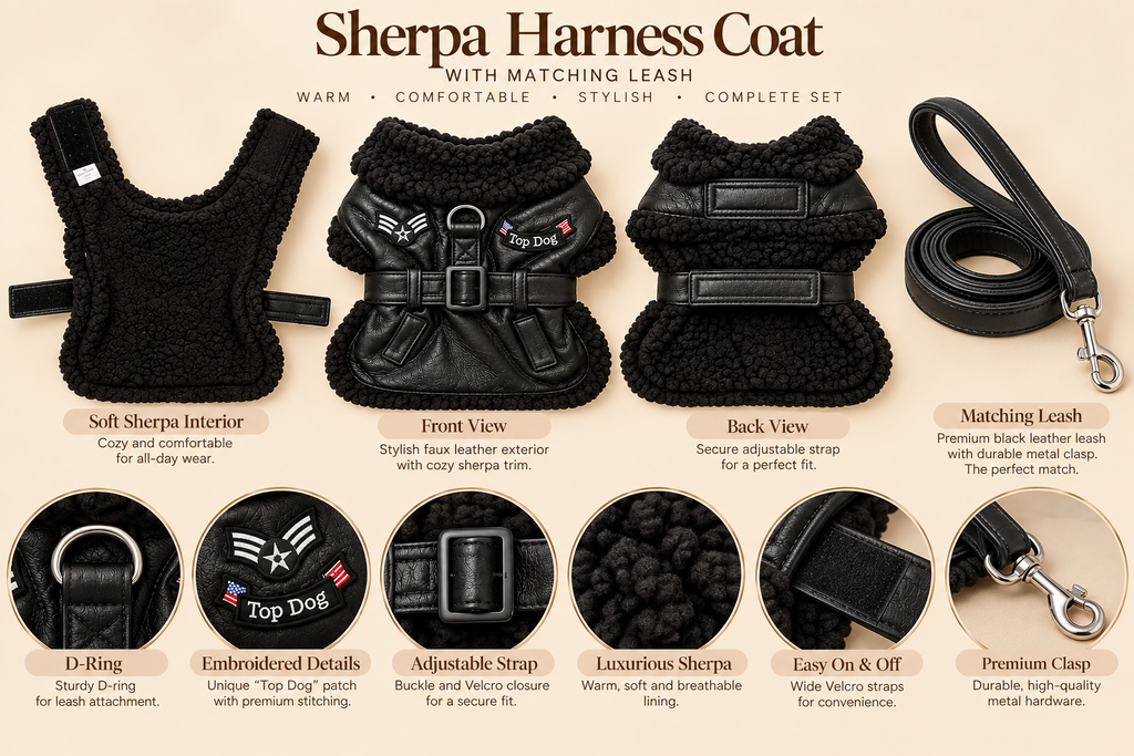Faux sherpa harness coat feature infographic: faux sherpa interior, D-ring, embroidered Top Dog patch, adjustable strap and matching leash