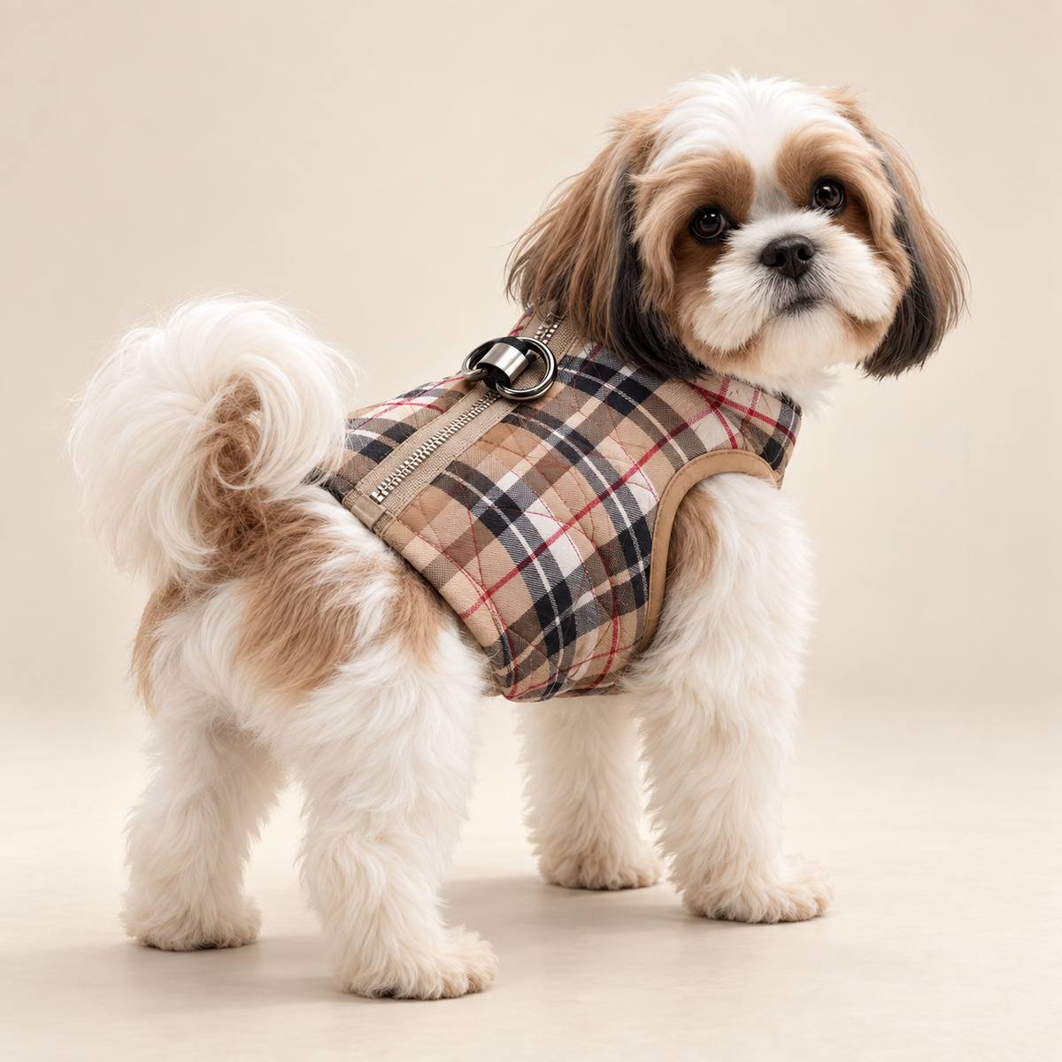 Shih Tzu wearing a tan plaid dog vest