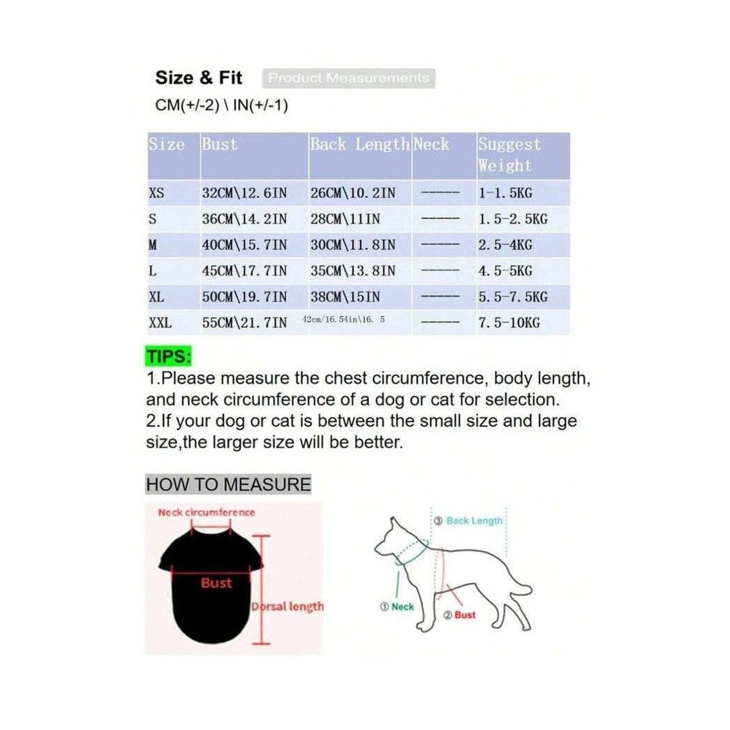 Size chart for Red Tulle Pet Dress showing chest and back length measurements from S to XL.