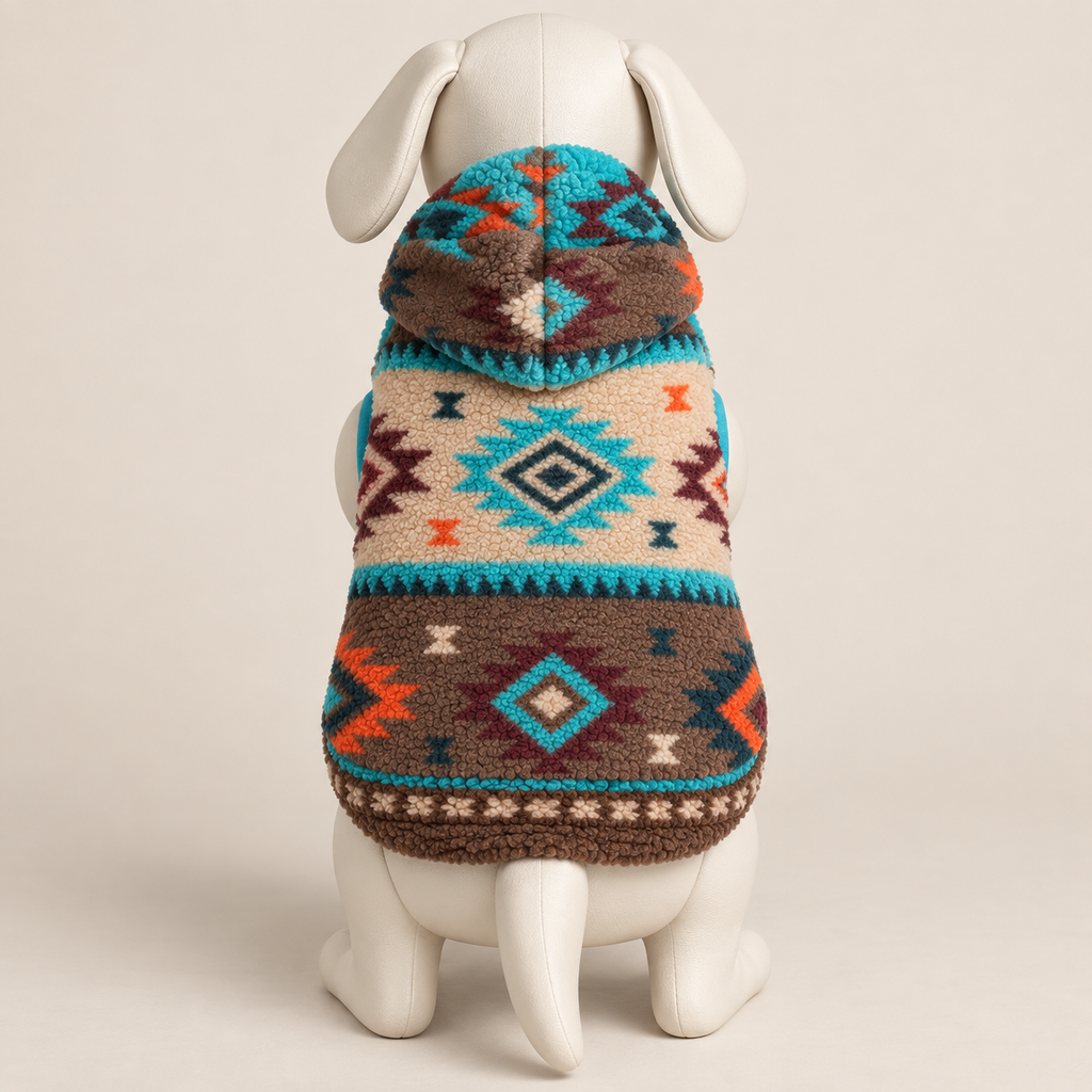 A dog hoodie sweater with a Southwestern geometric pattern, shown on a white dog mannequin from the back against a light beige background.
