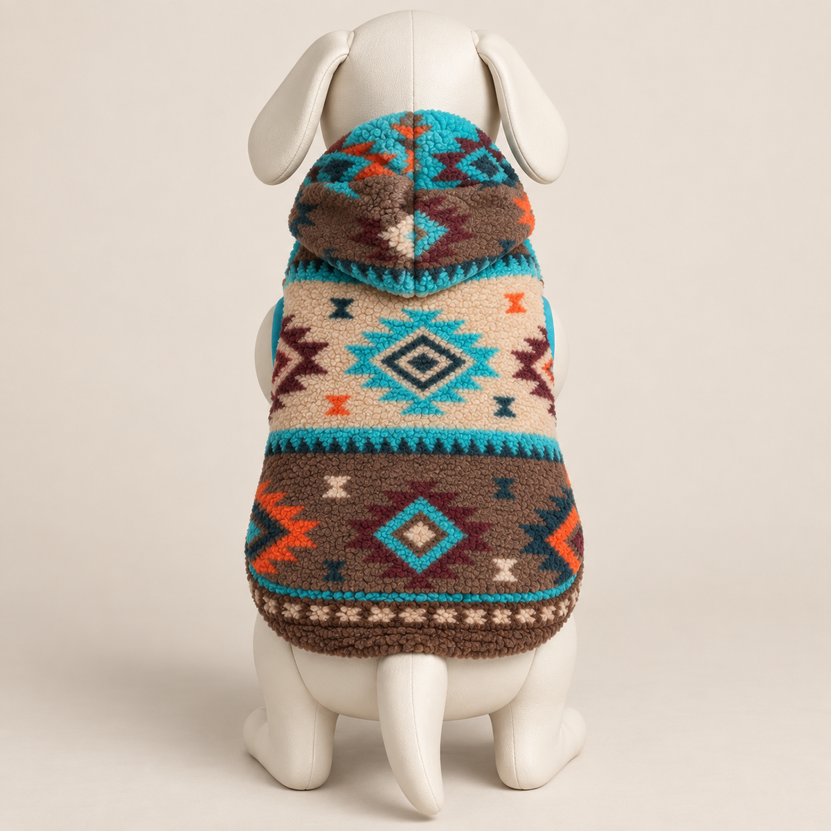 A dog hoodie sweater with a Southwestern geometric pattern, shown on a white dog mannequin from the back against a light beige background.