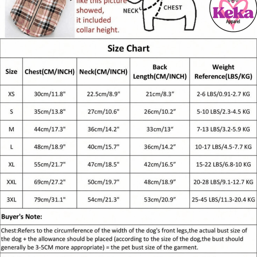 Size chart for dog clothing with measurements in centimeters and inches, and weight reference.
