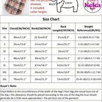 Size chart for dog clothing with measurements in centimeters and inches, and weight reference.