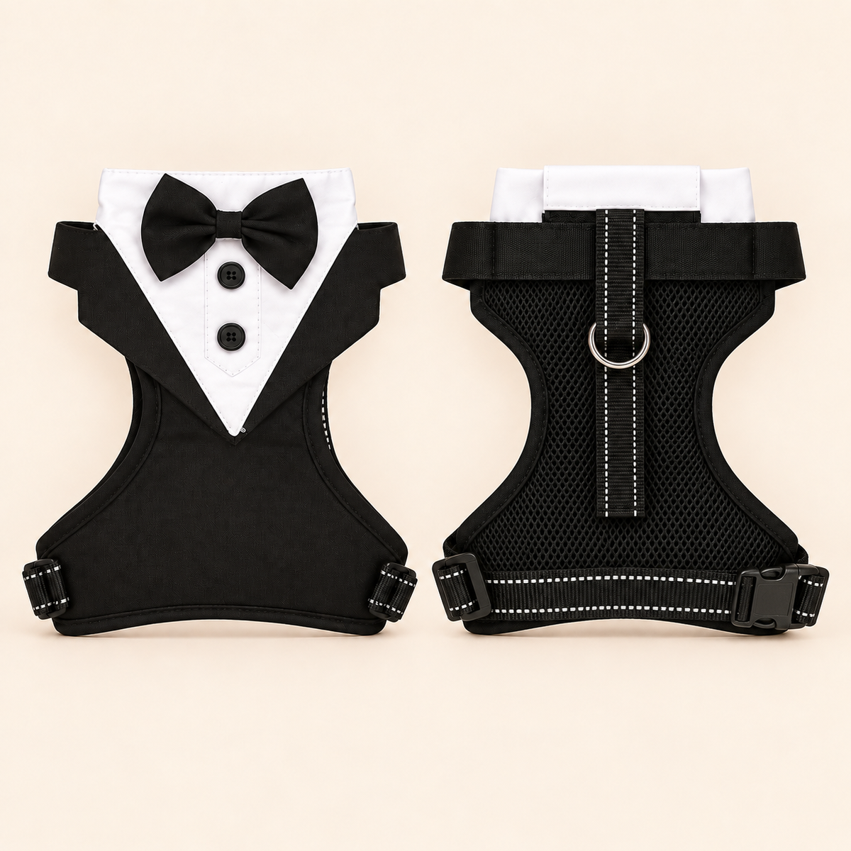 A pet harness shown from both front and back views, styled like a tuxedo with a black bow tie, white shirt, and black vest, on a light beige background.