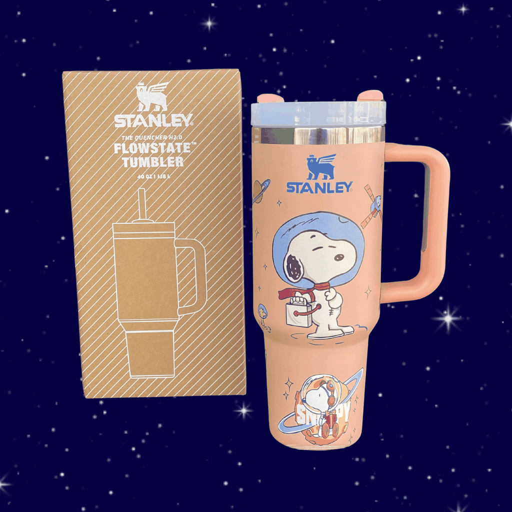 Snoopy Space 40 oz tumbler with handle, blue and purple engraved stainless steel mug on starry background