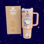 Snoopy Space 40 oz tumbler with handle, blue and purple engraved stainless steel mug on starry background