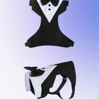 Front and side view of Black Dog Tuxedo Harness with bow tie on purple gradient background.