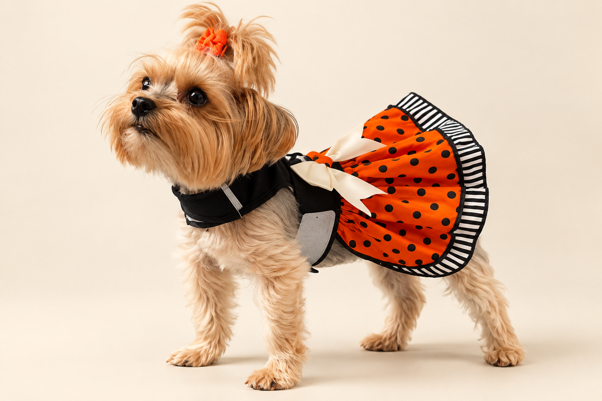 A small fluffy dog wearing a black harness and an orange dress with black polka dots and a striped hem, standing against a plain light beige studio background.