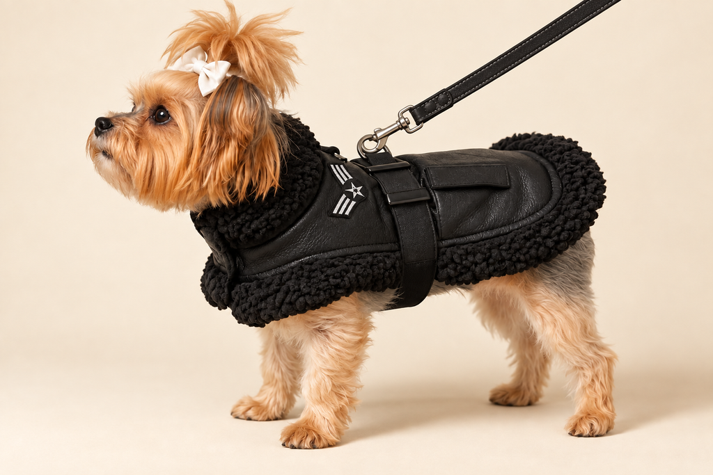 Yorkie in the Midnight Aviator Harness Coat, black faux leather with faux sherpa trim, side view with leash