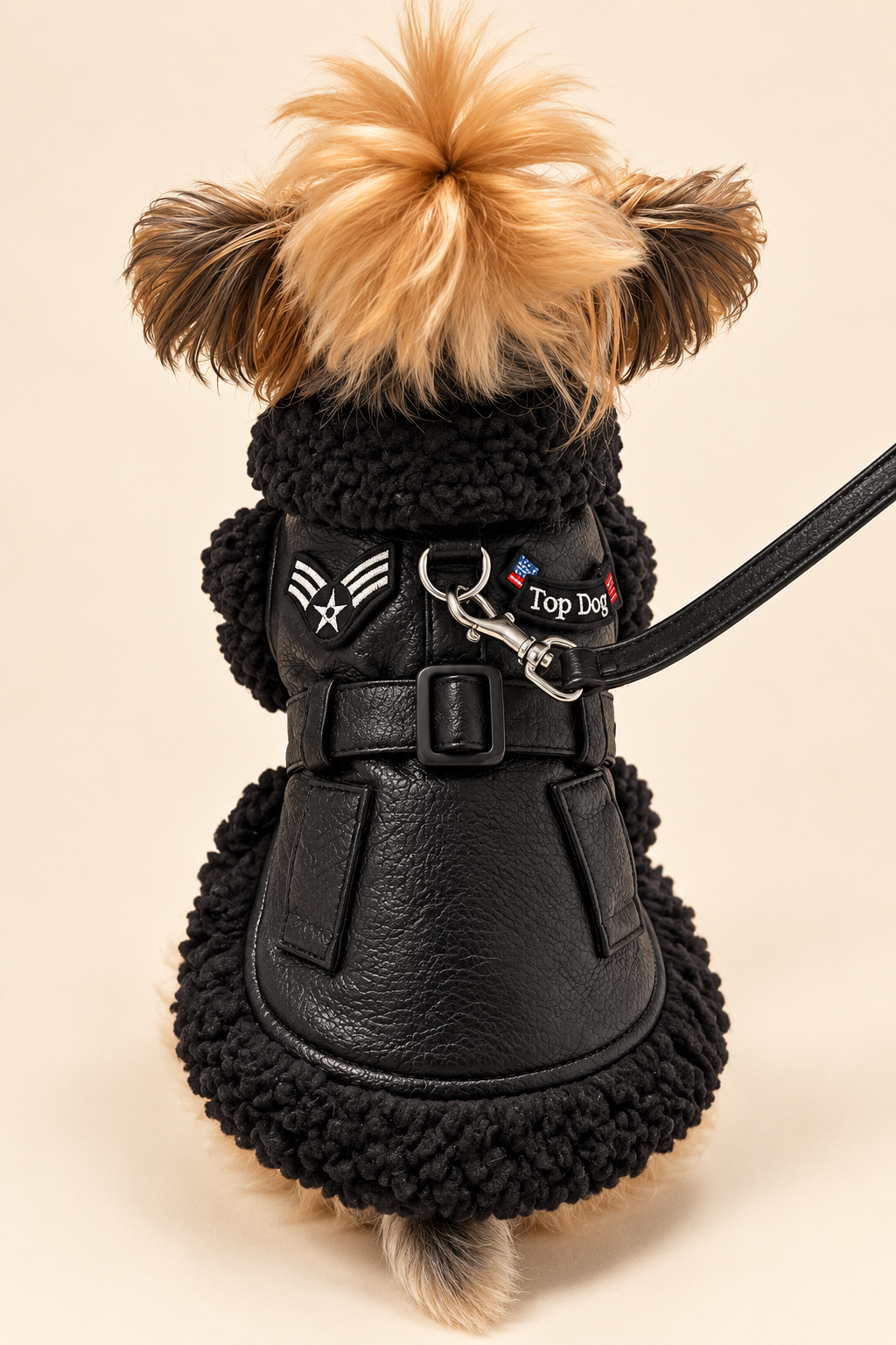 Back view of the Midnight Aviator Harness Coat on a Yorkie showing the Top Dog patch, D-ring and adjustable strap