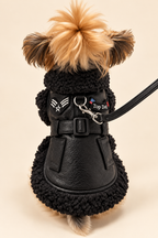 Back view of the Midnight Aviator Harness Coat on a Yorkie showing the Top Dog patch, D-ring and adjustable strap