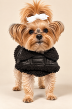 Front view of a Yorkie with a white bow wearing the black faux leather Midnight Aviator coat with faux sherpa collar